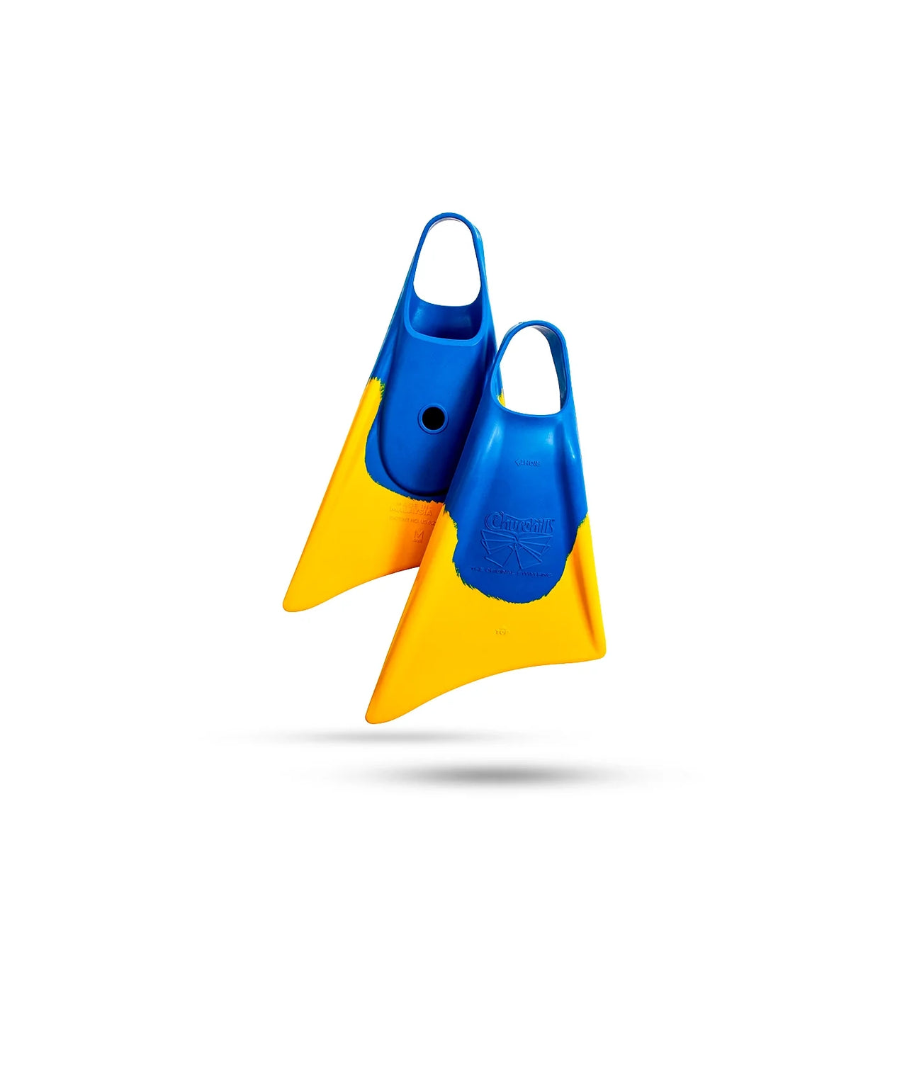 Blue and yellow Churchill swim fins on red background, classic boogie board gear